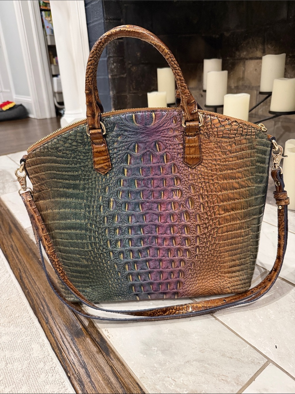 Brahmin Multicolor Croc-Embossed Leather Satchel in Green, Purple, Brown